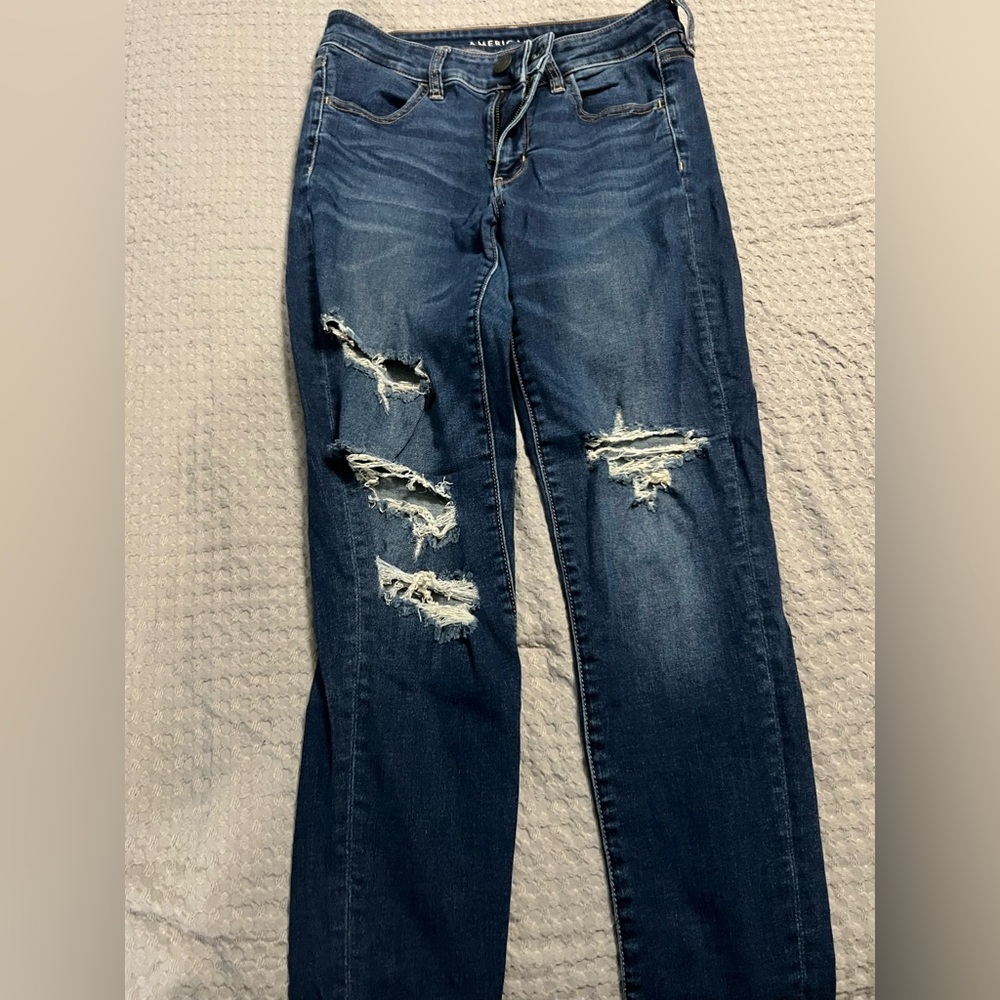 American Eagle Outfitters Dark Blue Distressed Boyfriend Jeans